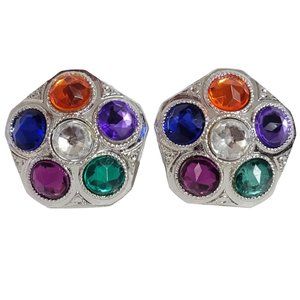 Silver Tone Gilt Style Star Multi Color Plastic Clip-On Earrings E105